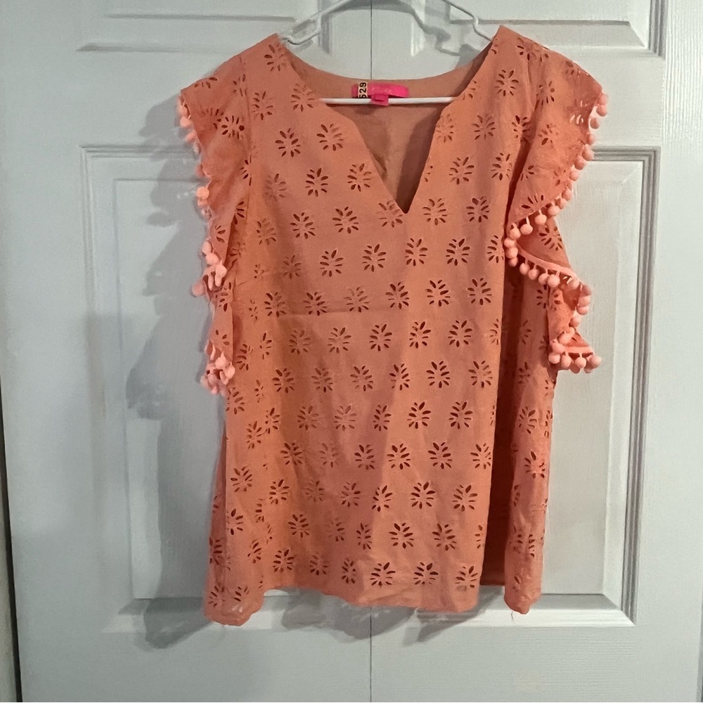 Lilly Pulitzer Astara Top, Pink Flamingo Orange, Palm Tree Eyelet Pom-Poms Large